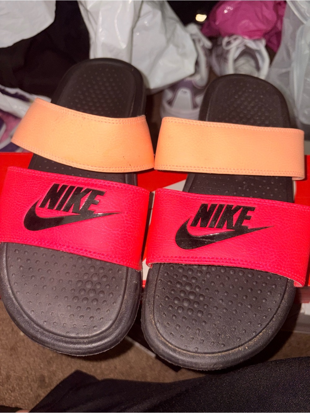 Nike Kids Two-Tone Slide Sandals — Red & Peach